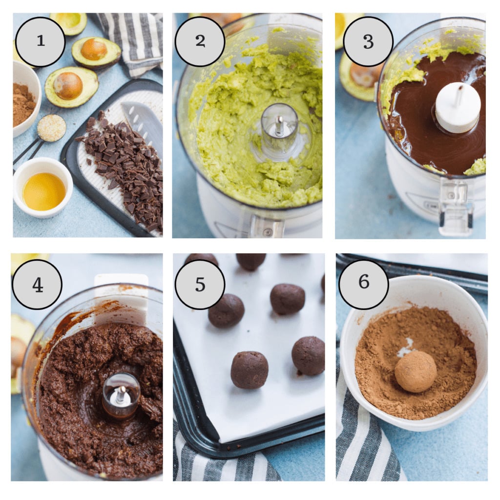A collage of images that show how to make healthy chocolate truffles step by step.