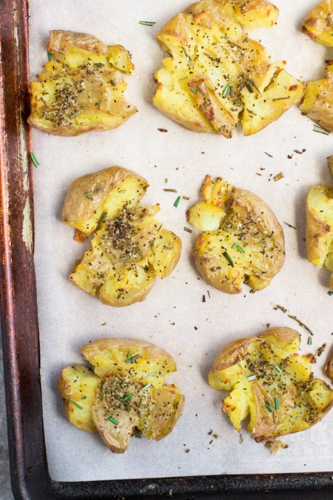 Crunchy Smashed Potatoes coming out of the oven