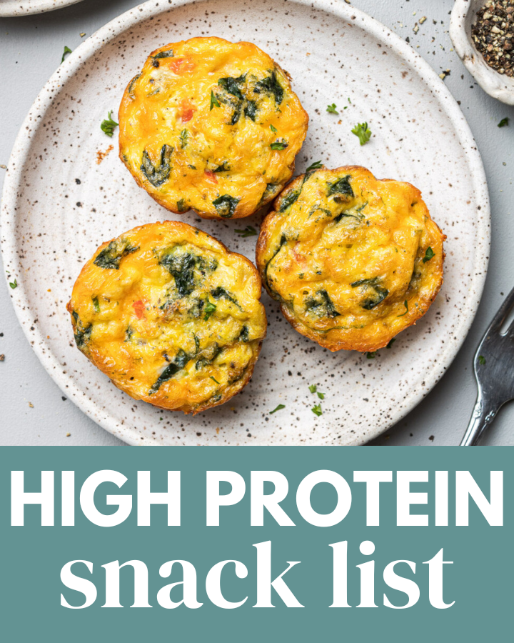 a photo of egg muffins on a plate with the text overlay 'high protein snack list'