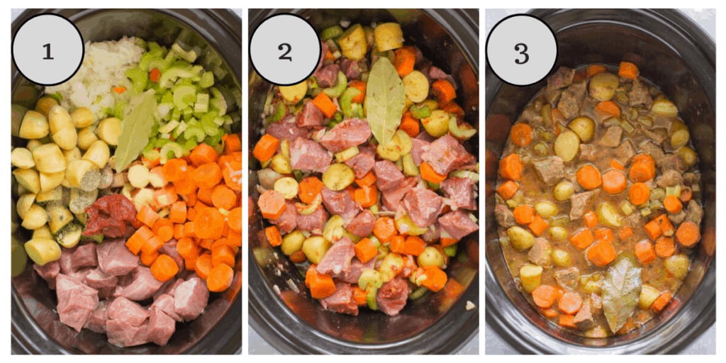 A colllage showing step by step instructions for how to make healthy beef stew in the crockpot