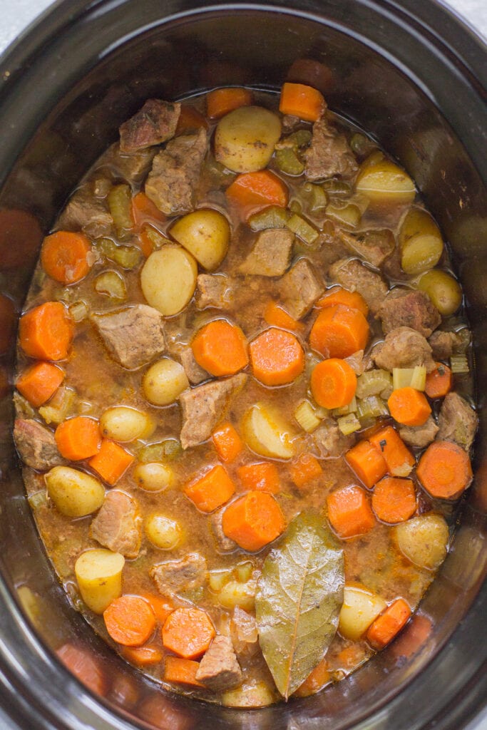 Close up of Healthy Beef Stew in a black crockpot