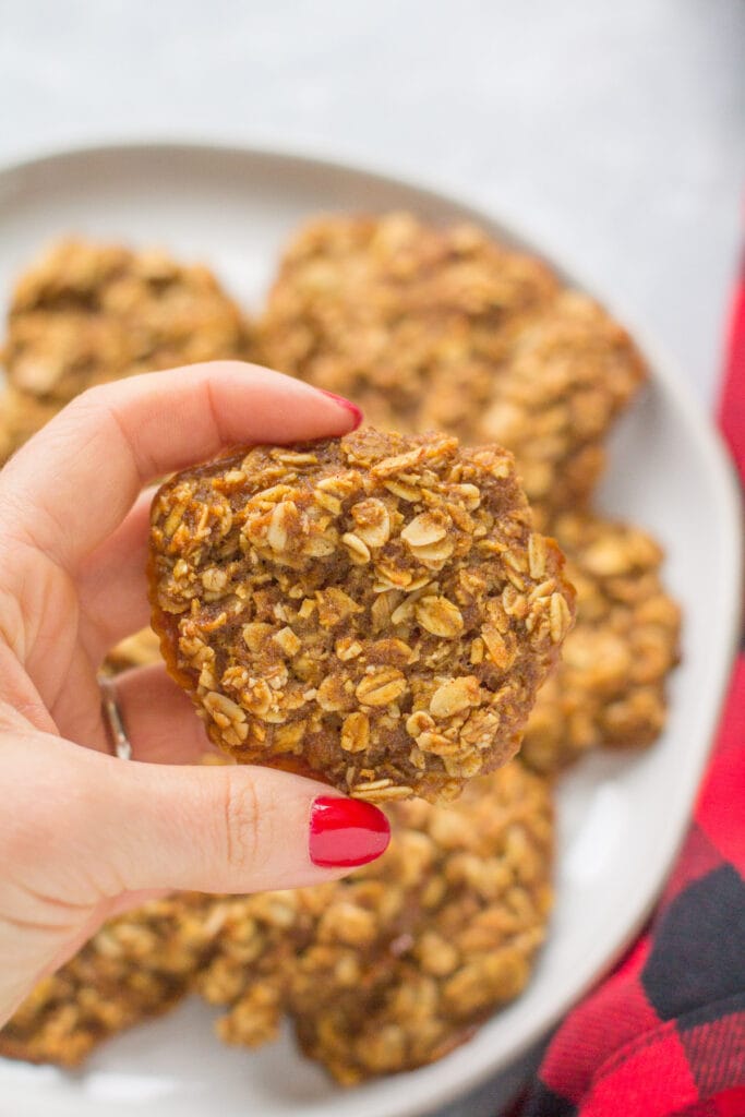 A hand with red nails holding up a gingerbread breakfast cookie