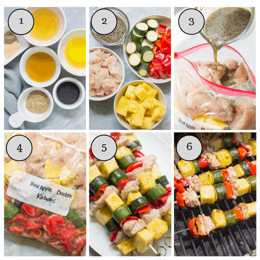Step by step instructions showing how to make pineapple chicken kebabs