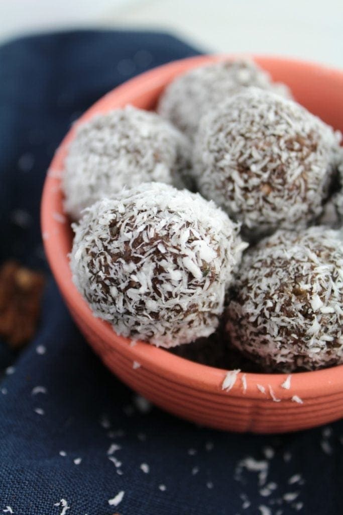 Close up of chocolate coconut energy bites
