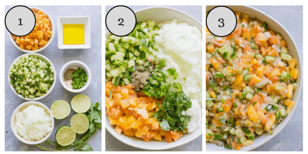 Step by step instructions showing how to make peach salsa