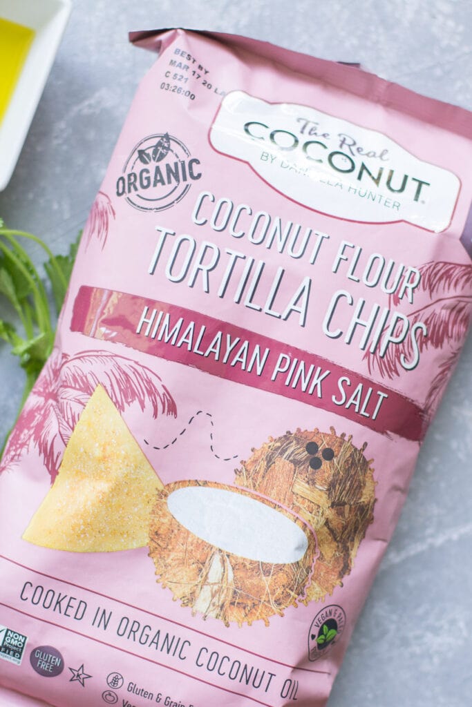 A close up of the real coconut coconut flour tortilla chips