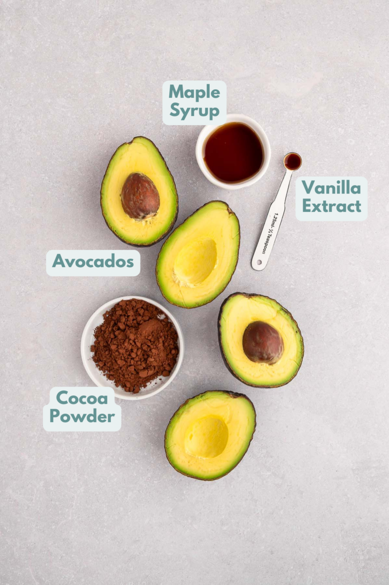 Healthy Avocado Pudding ingredients in small bowls: avocado, cocoa powder, maple syrup, vanilla extract