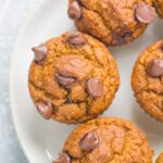 Healthy Pumpkin Muffins on a white plate with a blue linen off to the left corner