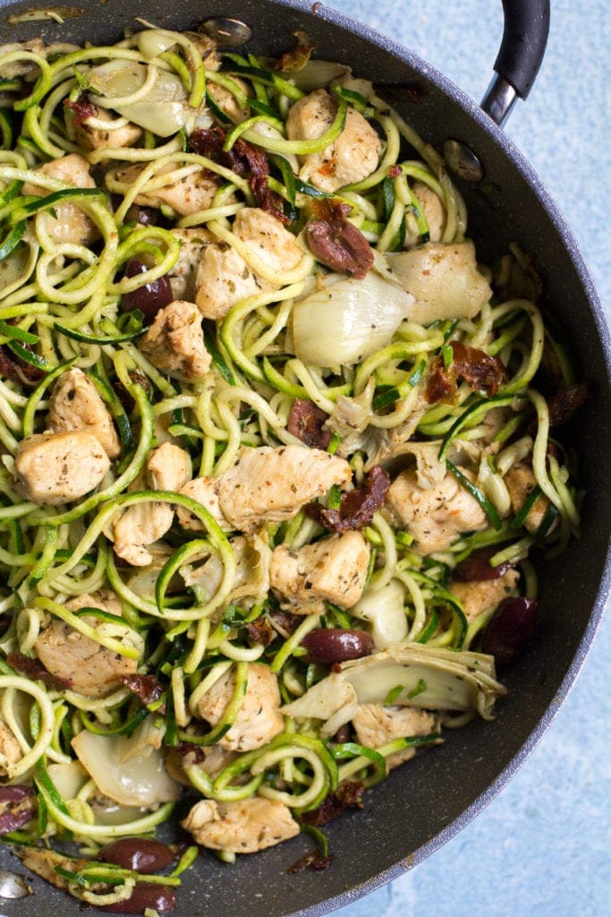 Whole30 Greek Chicken Zucchini Noodles in a black pan.