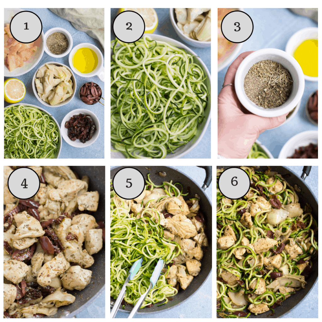 a step by step collage showing how to make whole30 greek chicken zucchini noodles.