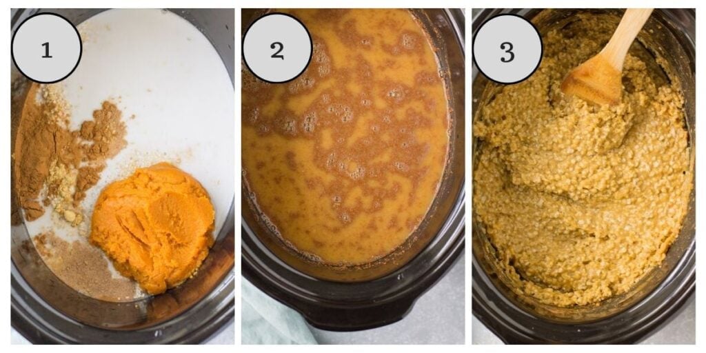 A collage with step by step instructions on how to make slow cooker steel cut oatmeal