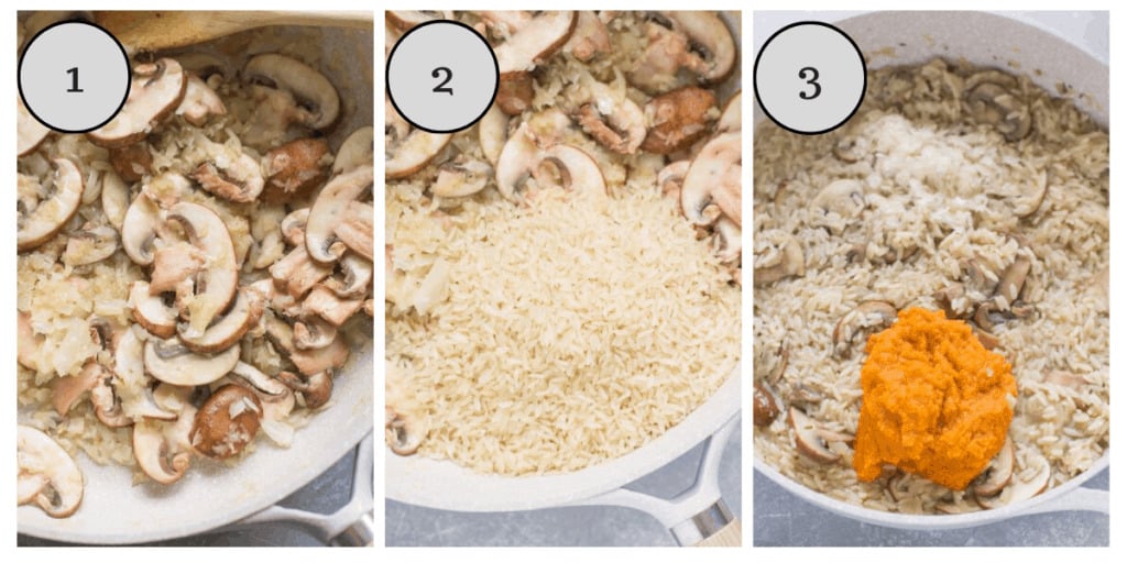 A collage with step by step instructions showing how to make pumpkin risotto