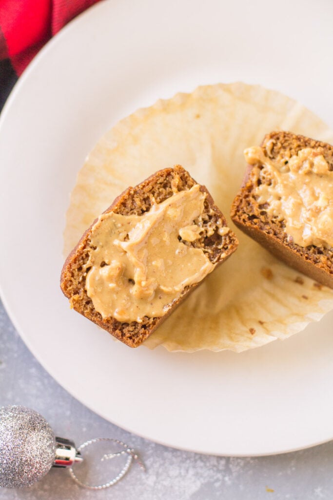 A close up image of easy gingerbread muffins on a white plate on a grey background