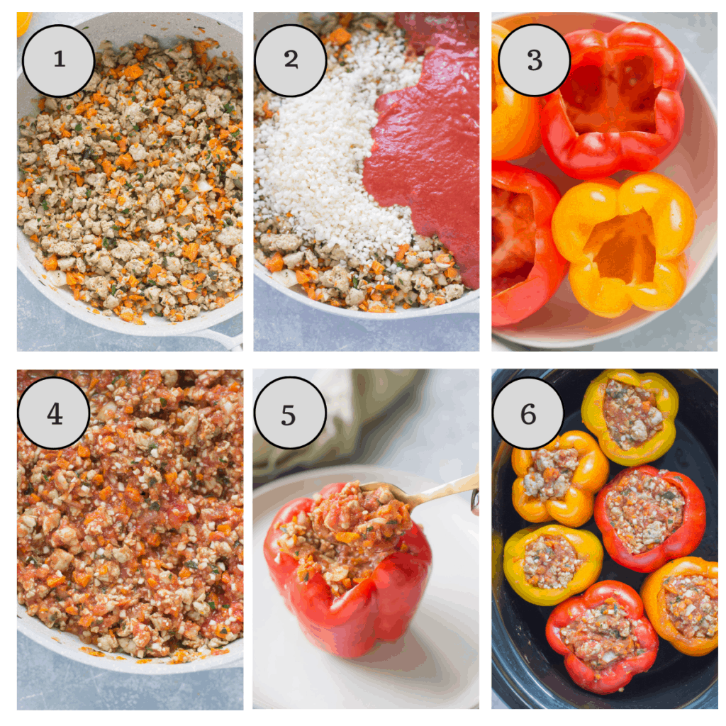 A collage with step by step instructions showing how to make Whole30 Stuffed Peppers