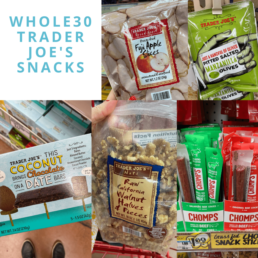 A collage of Whole30 Trader Joe's Snacks