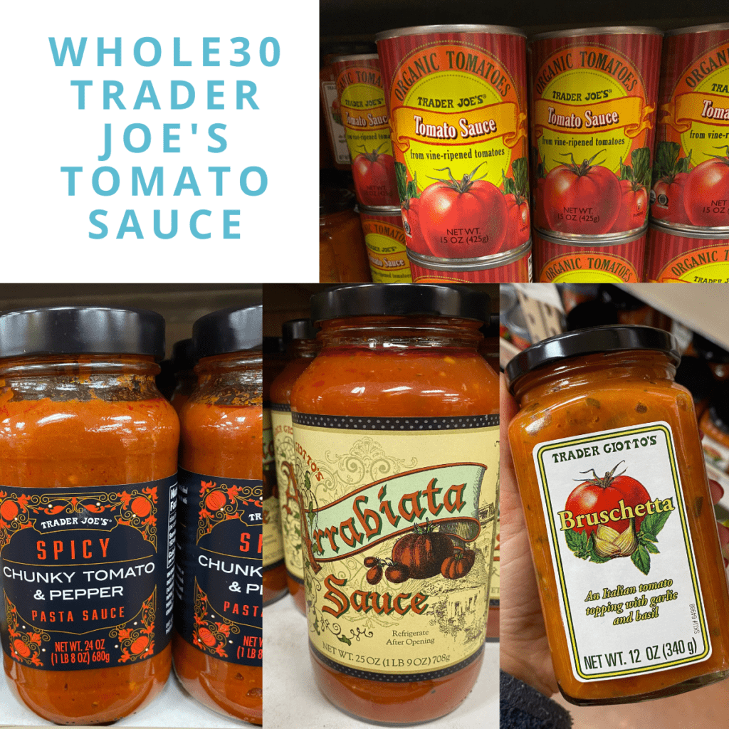 A collage of Whole30 Trader Joe's Tomato Sauces