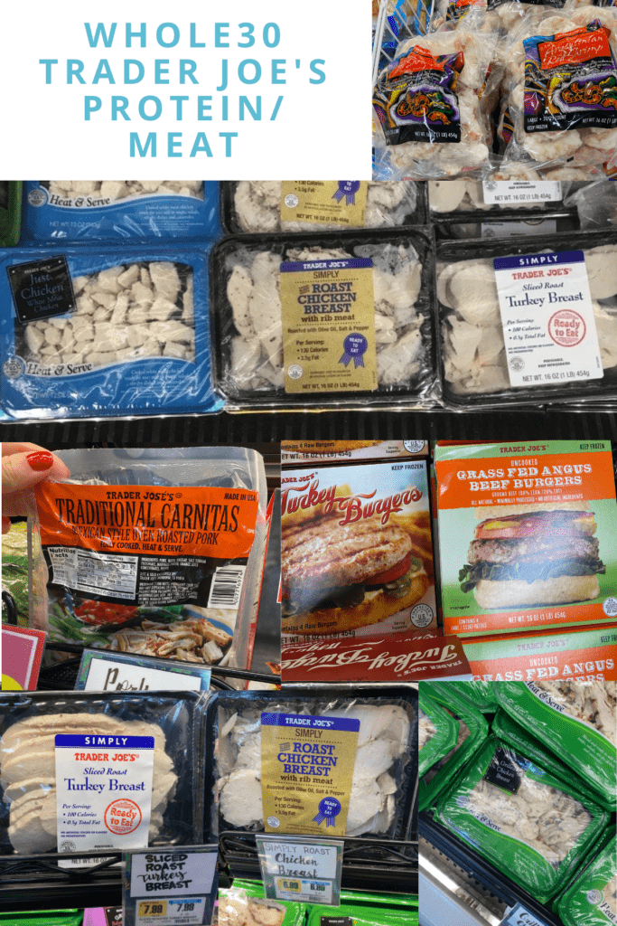 a collage of Whole30 friendly protein items from Trader Joe's