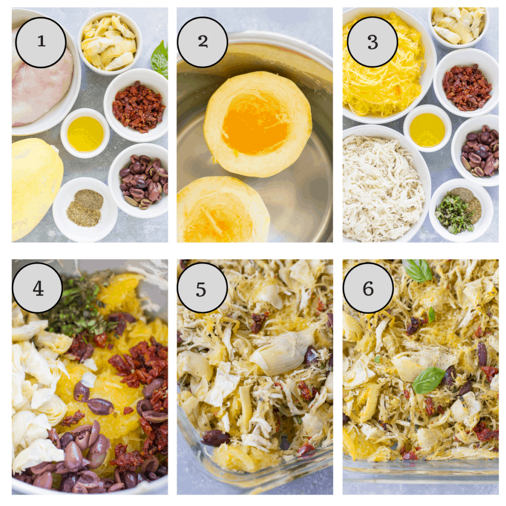 Step by step instructions showing how to make greek chicken spaghetti squash bake