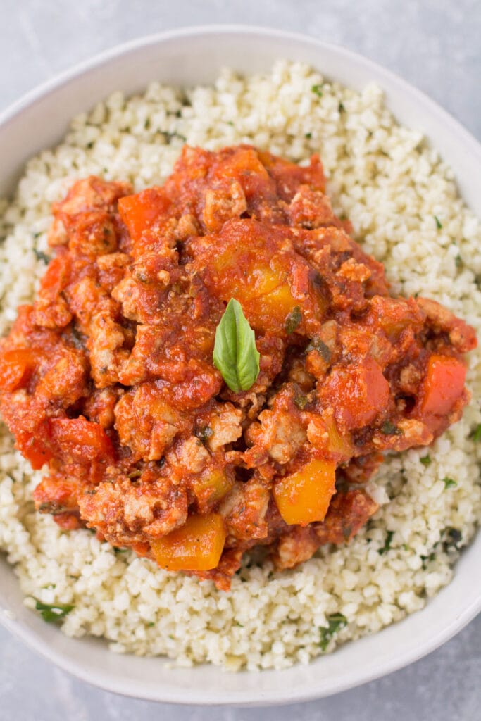 a close up of paleo, Whole30 Unstuffed Peppers in a white bowl