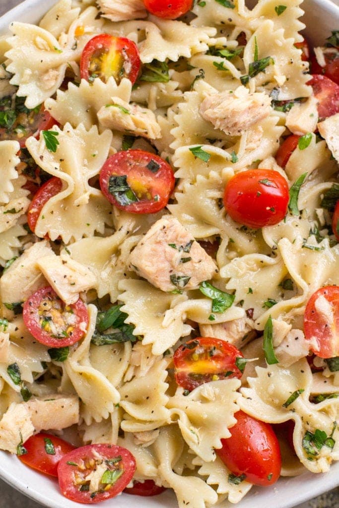 A close up of Healthy Tuna Pasta Salad in a white bowl