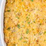 Buffalo Chicken Spaghetti Squash Casserole in a white dish on a grey background.