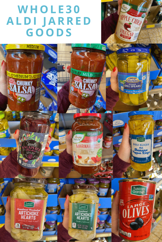 a collage of Whole30 Aldi Jarred Goods
