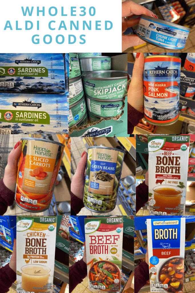 A collage of Whole30 Aldi Canned Goods