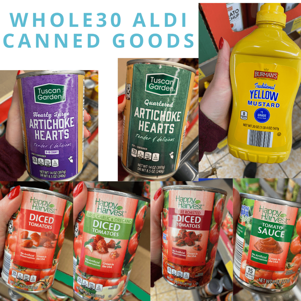 A collage of Whole30 Aldi Canned Goods - tomato sauces and artichoke hearts