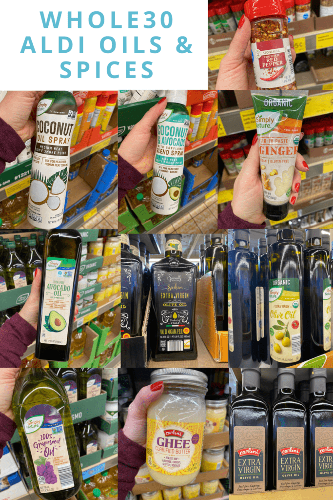 A collage of Whole30 Aldi Oils & Spices