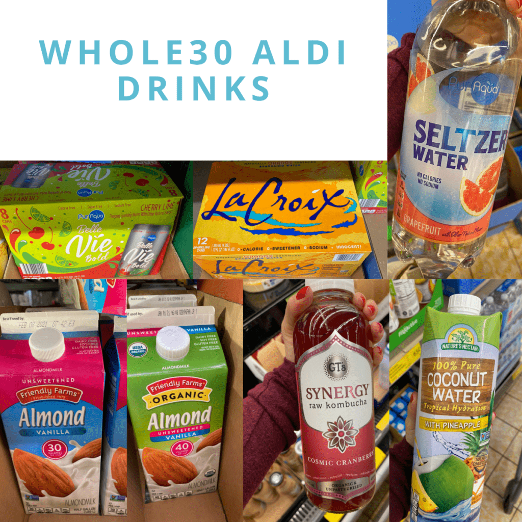 A collage of Whole30 Aldi Drinks