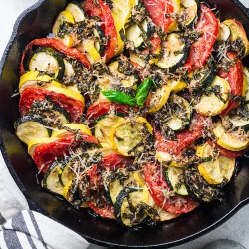 An overheat shot of Healthy Zucchini Tomato Bake in a cast iron skillet
