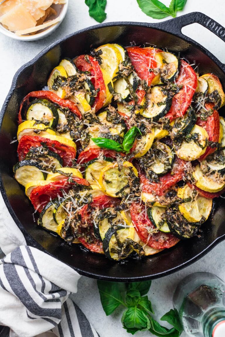 An overheat shot of Healthy Zucchini Tomato Bake in a cast iron skillet