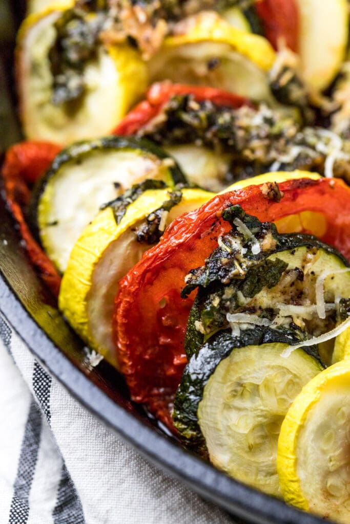 A close up of Zucchini Bake in a pan fresh out of the oven.