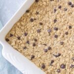 An overhead shot of Chocolate Peanut Butter Oatmeal in a white baking dish