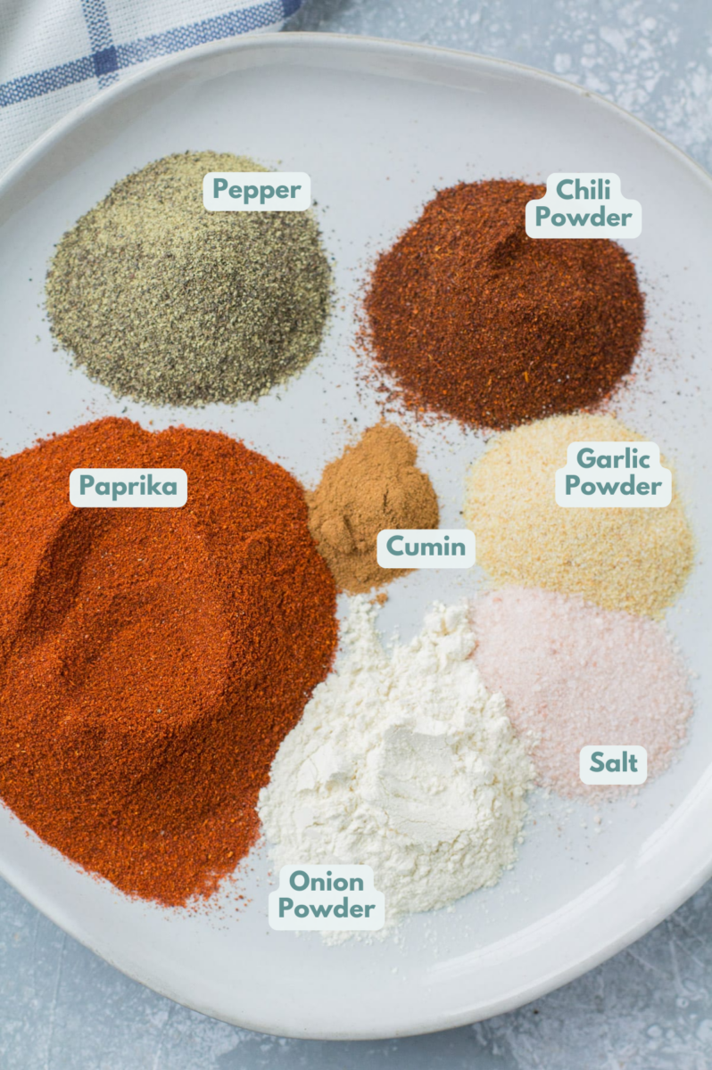 Ingredients for homemade taco seasoning on a white plate