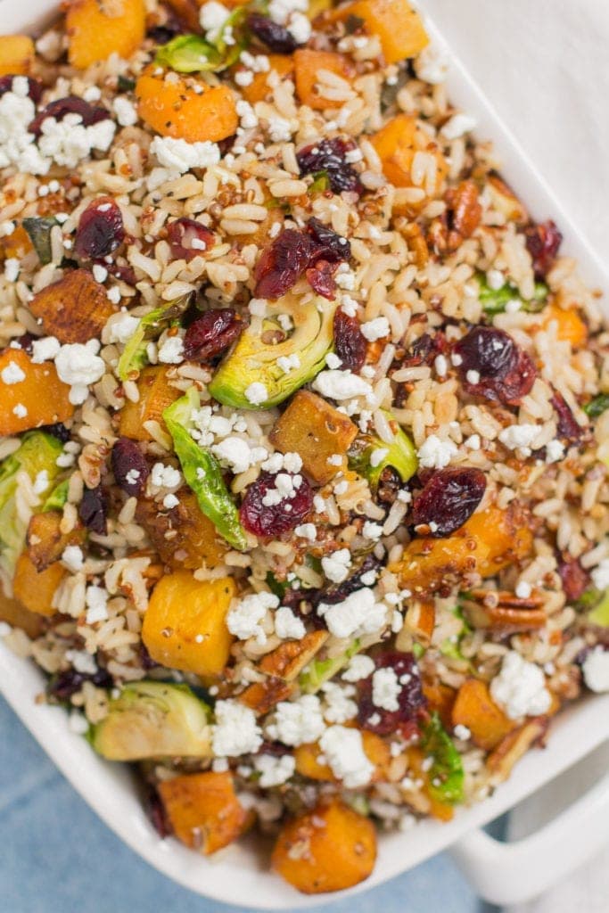 Harvest Quinoa & Brown Rice Salad filled wit hbutternut squash, goat cheese, brussels sprouts and cranberries.