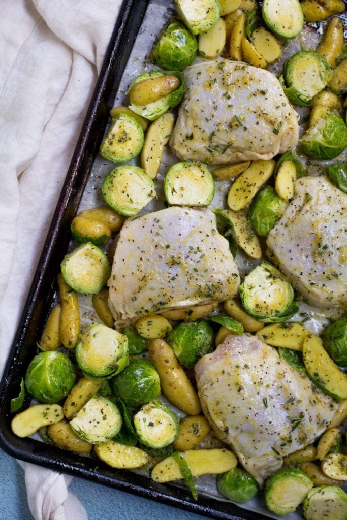 Sheet Pan Lemon Rosemary Chicken Thigh Dinner before going into the oven.
