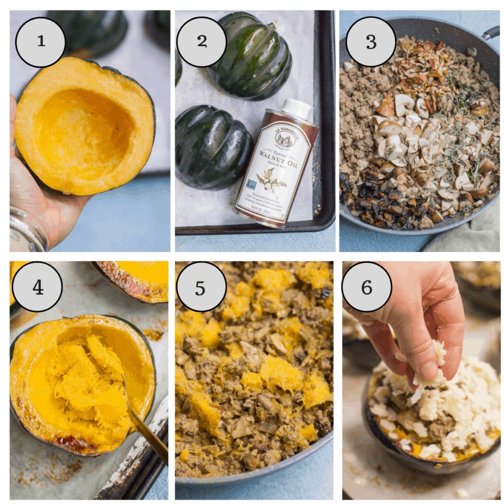 Step by step instructions showing how to make Stuffed Acorn Squash