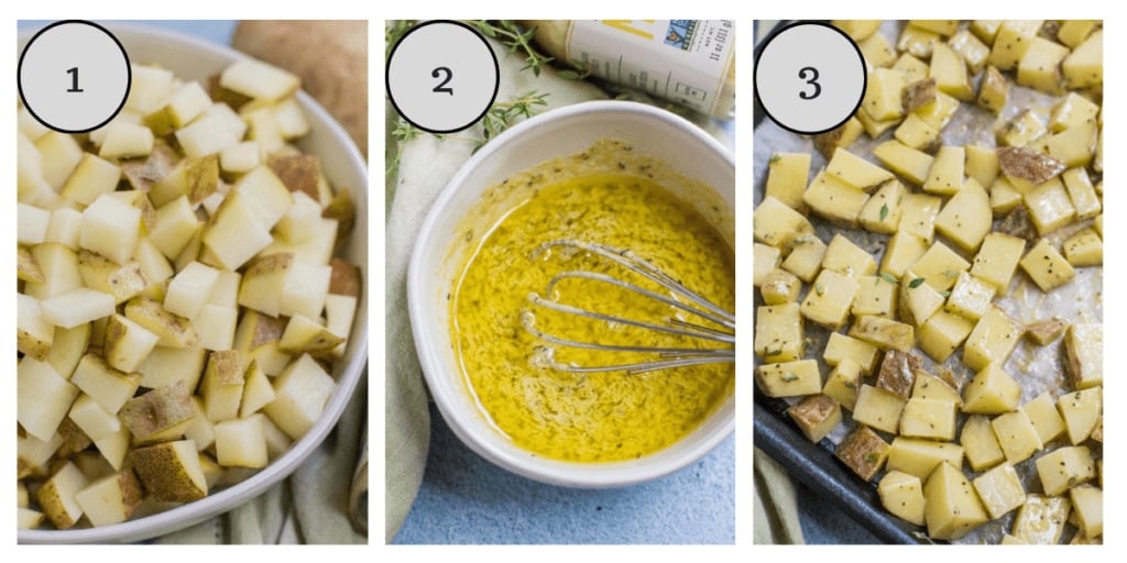a step by step collage showing how to make crispy dijon roasted potatoes