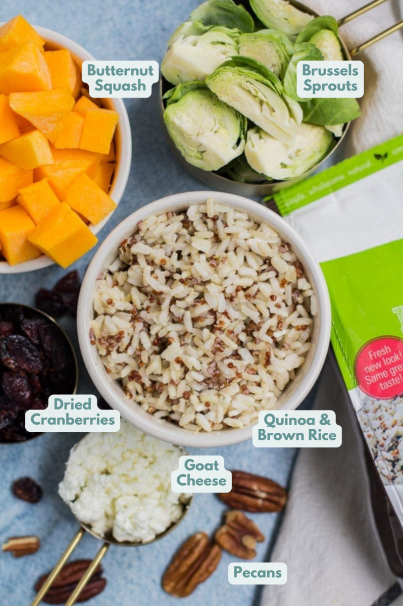 Harvest Quinoa and Brown Rice Salad ingredients on a blue background.