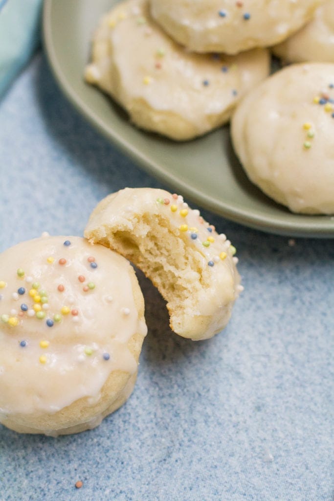Healthy Anginetti Cookies with a bite taken out of them.
