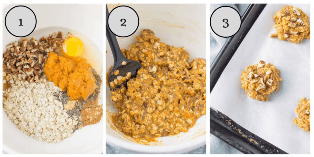 Step by step instructions showing how to make healthy pumpkin breakfast cookies