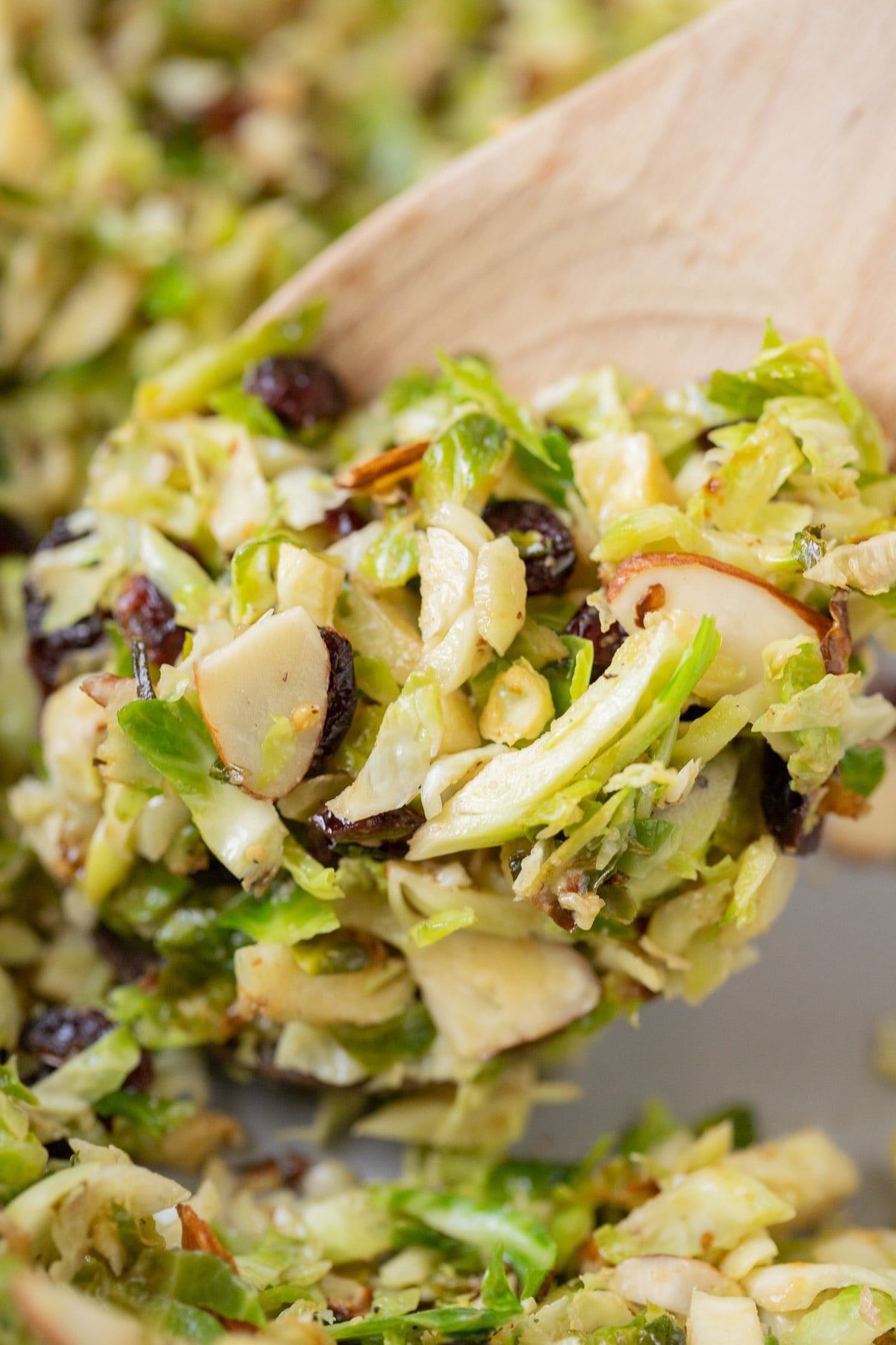 A wooden spoon taking a spoonful of shaved brussel sprouts salad