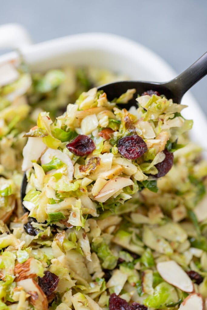 Shaved Brussels Sprouts Salad in a white dish on a grey background. A black spoon is holding up a scoop of the salad.