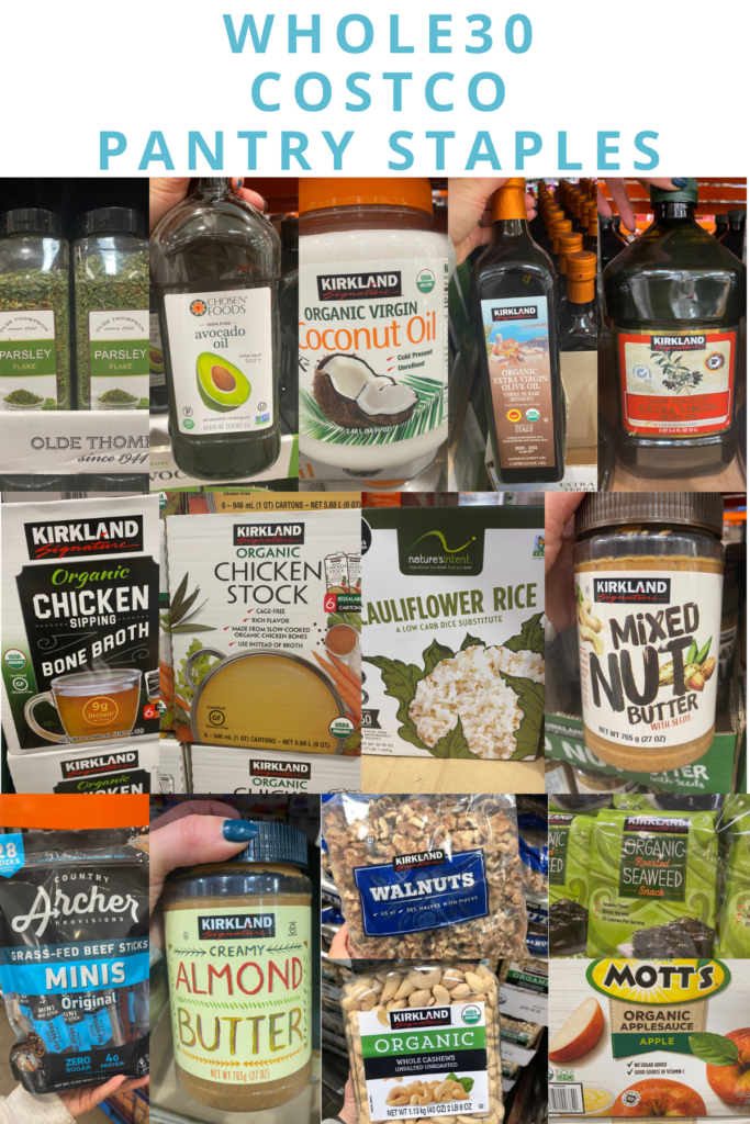 A collage of Whole30 Costo Pantry Staples