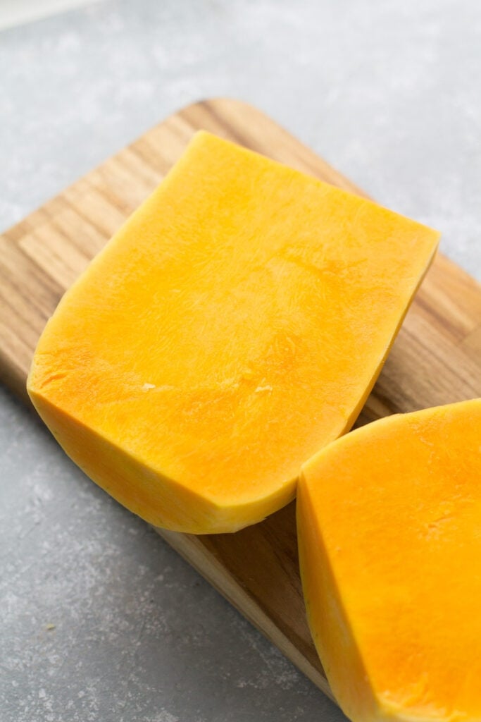 Instructions showing how to cut butternut squash for vegan butternut squash soup