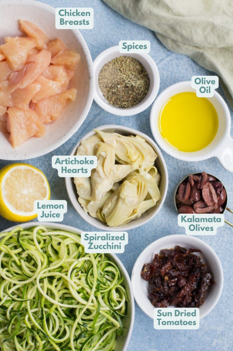 Ingredients for whole30 greek chicken zucchini noodles in small bowls on a blue background.