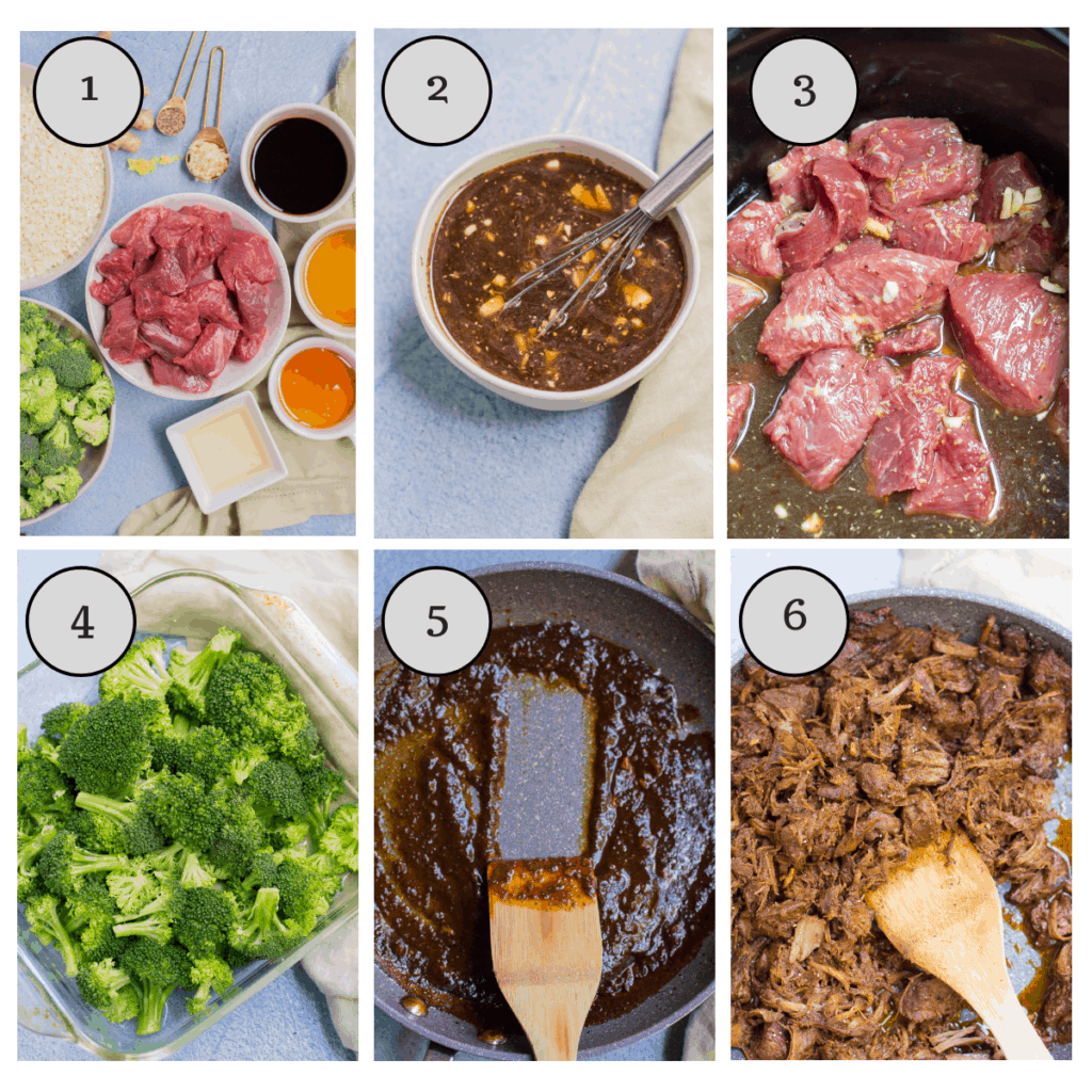 A collage showing step by step instructions on how to make healthy slow cooker beef and broccoli
