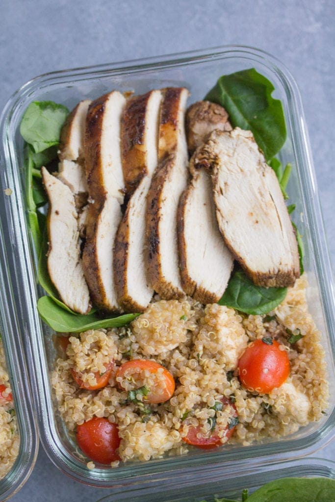 A close up image of Chicken Caprese Quinoa Meal Prep Bowls