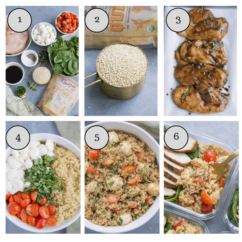 A collage showing how to make Chicken Caprese Quinoa Meal Prep Bowls step by step